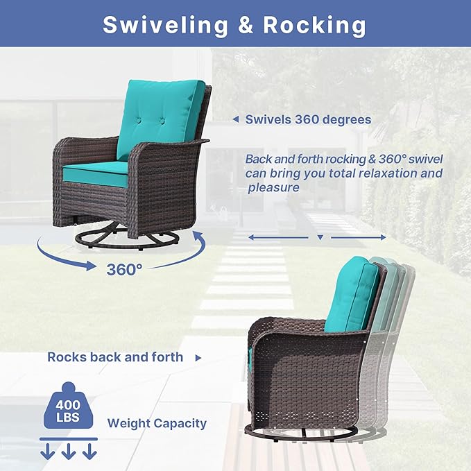 ALAULM Outdoor Swivel Rocking Chairs Set of 2 with 4”Thick Cushions and High Back,Wicker Patio Chairs w/Side Table for Patio, Porch, Poolside, Deck, Backyard, Garden-Blue