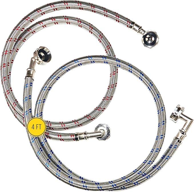 Washing Machine Hoses (4 FT) - Double 90° Elbow to Fit Tight Spaces - OCTAGON Connections for Easy & Secure Tightening - Burst Proof Water Supply Line (2 Pack) - Universal Fit to All Wash Machines