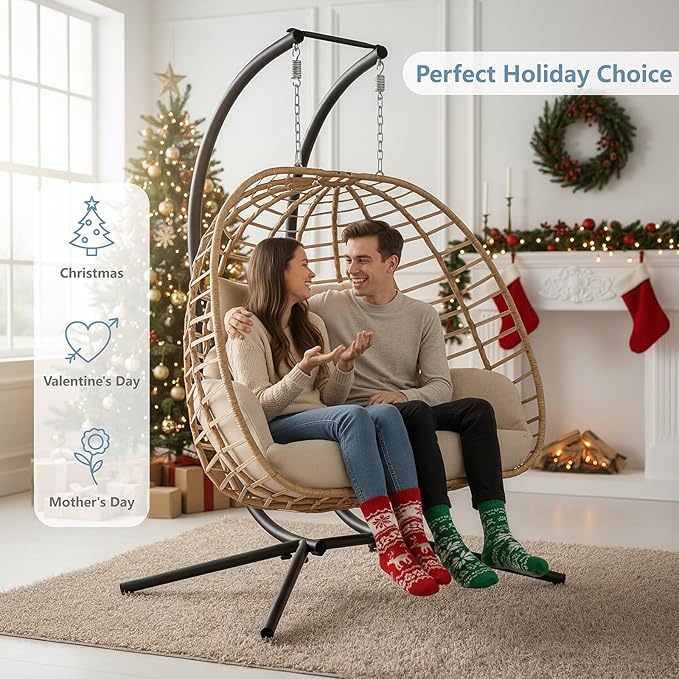 SWITTE Double Hanging Egg Chair with Stand, Outdoor Patio 2 Person Wicker Hammock Swing Chairs with Cushion Loveseat for Indoor Bedroom, Lawn, Garden-Beige