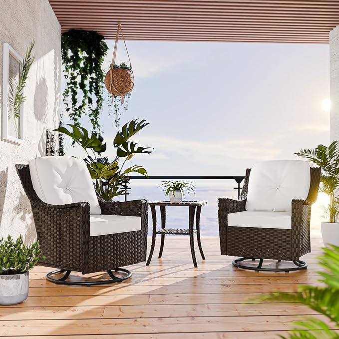 COOS BAY Stone Harbor Patio Bistro Set, 3 Piece Rattan Patio Table and Chairs Set, Wicker Swivel Rockers with Side Table, Small Balcony Furniture Set, Brown/Beige