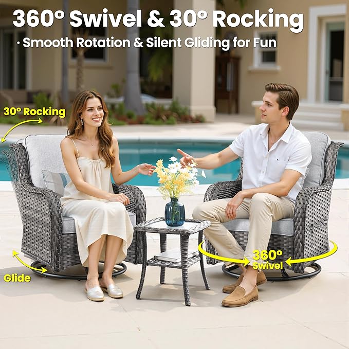 ovios 6-Pieces Patio Furniture Set with Swivel Chairs, Outdoor Wicker Sofa Couch Gliders Rocker Comfy Cushions, High Back Modern Conversation Set, Grey Rattan, Grey