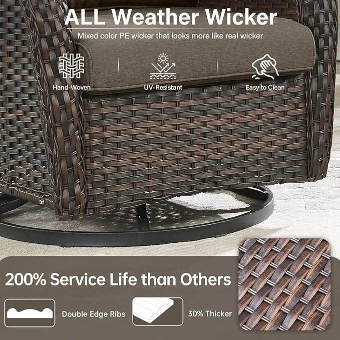 Outdoor Swivel Rocker Patio Chairs Set of 4 with Side Table - 5" Thick Cushion 6 Piece Furniture Set All Weather Comfortable Wicker Conversation Set for Porch Poolside and Deck - Brown/Gray