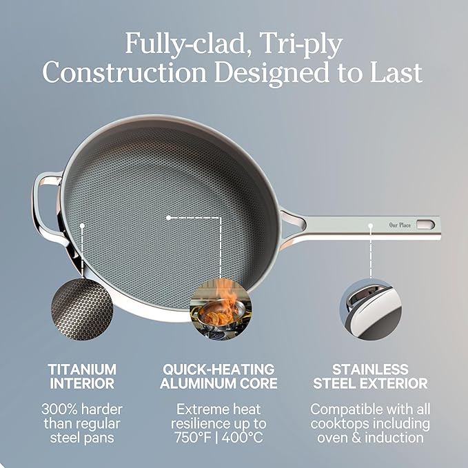 Our Place Titanium Mini Always Pan Pro - 8.5” (1.48 Qt) No-Coating Nonstick Skillet | Tri-Ply Titanium & Stainless Steel | Safe for Oven, Induction & Cooktops up to 750°F | Includes Spatula | Gold