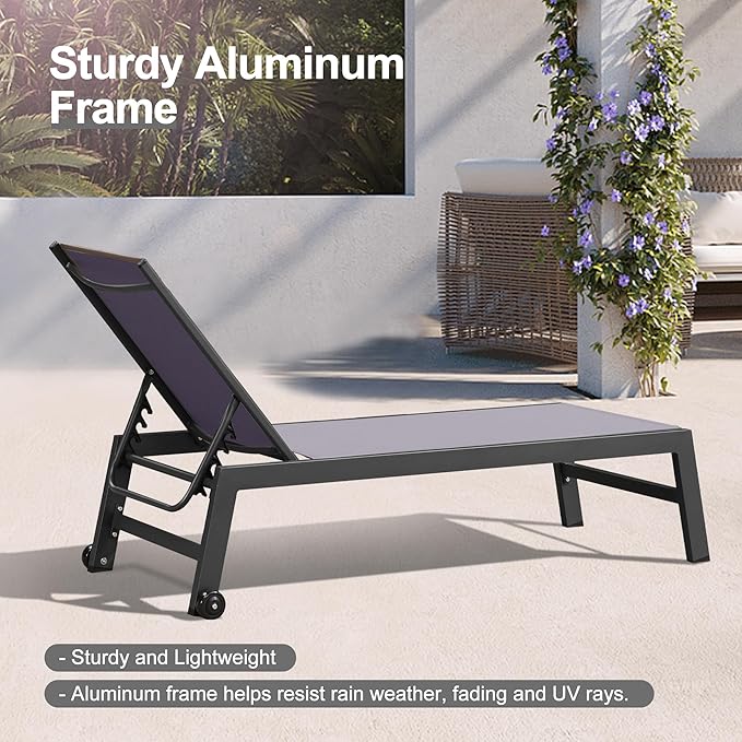 PURPLE LEAF Patio Chaise Lounge Set 2 Pieces Textilene Pool Lounge Chairs with Wheels Sunbathing Chair with 5 Adjustable Position for Outdoor Yard (2 Light Grey Lounges W/Side Table)
