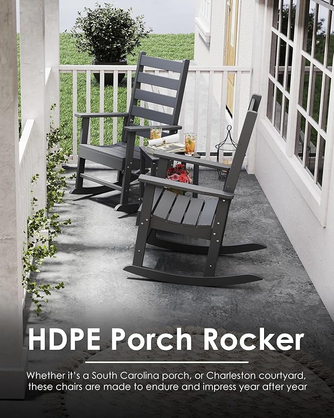 GREENVINES Outdoor-Rocking-Chairs-Set-of-4 | HDPE Plastic | Patio Rockers | Porch Rocker Chair | Shaker | Oversized | High Ladder Back | Big & Tall | PentaLuxe | Grey