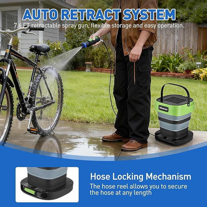 Cordless Electric Sprayer, Portable Water Sprayer with 3.2 gal Water Tank, Auto-Rewind Hose Reel, Portable Cordless Pressure Washer for Cars, Bikes, Garden, Camping(3 Nozzles)