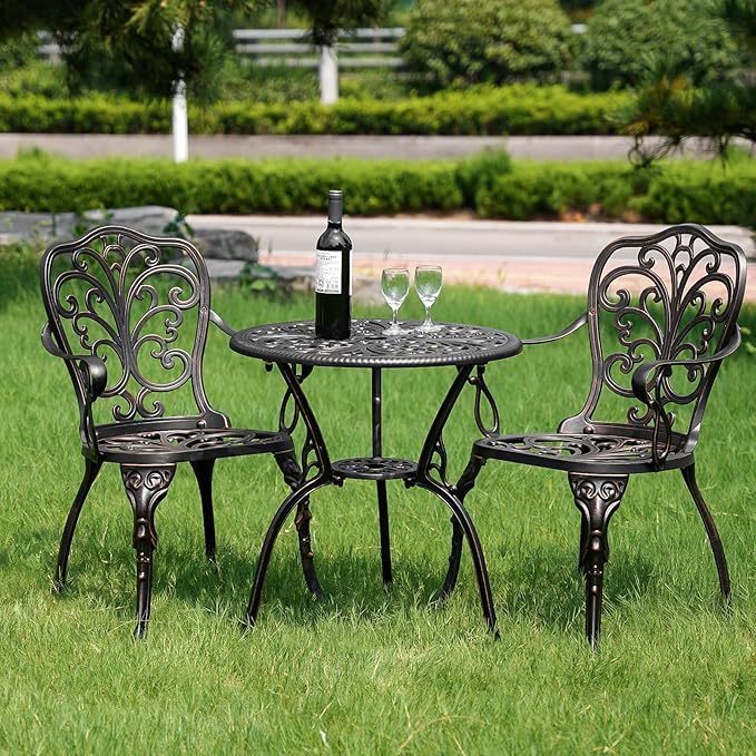 Outdoor Bistro Set 3 Piece, Patio Bistro Set, Cast Aluminum Bistro Set, Patio Table Set with 1.97" Umbrella Hole for Yard, Deck, Front Porch