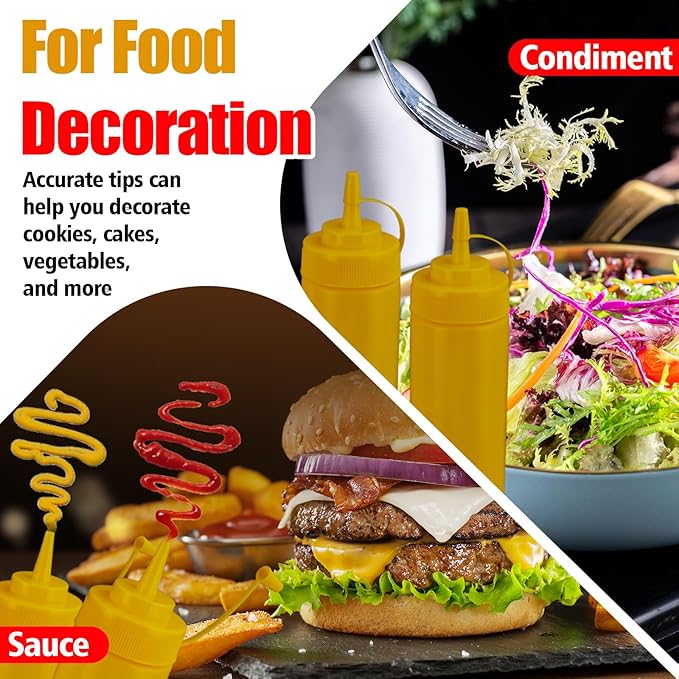 Squeeze Bottles for Sauces,Leak-Proof Condiment Dispenser, BPA-Free Kitchen Restaurant Squeeze Bottle Set with Wide Mouth for Ketchup, Mustard,Syrup,Dressings (Yellow, 2Pack-8oz(200ml))
