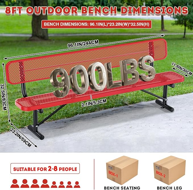 Heavy Duty Park Bench for Outside, Metal Park Bench with Back Portable Frame, Outdoor Steel Mesh Garden Bench with Backrest for Garden, Lawn, Patio, Porch, Park, Yard (Red, 8FT/95INCH)