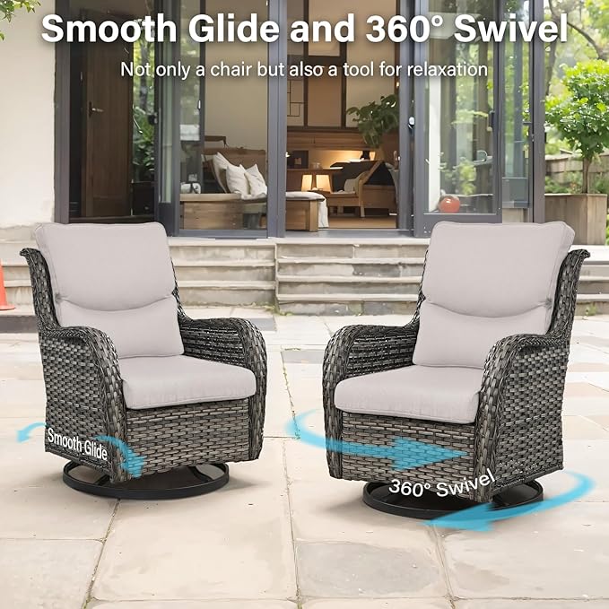 Outdoor Swivel Rocker Patio Chairs Set of 4 with Coffee Table - 5" Thick Cushion 8 Piece Furniture Set All Weather Comfortable Wicker Conversation Set for Porch Deck - Gray/Beige
