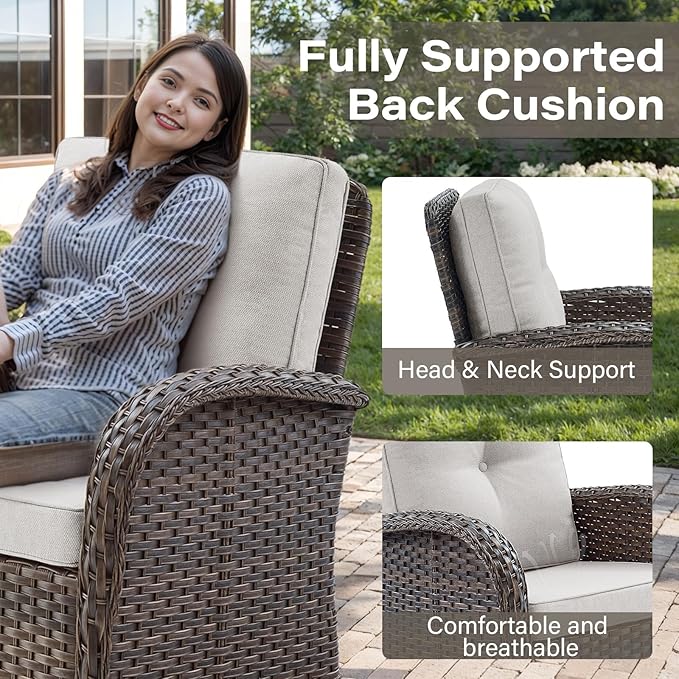 Belord Grand 13 Pieces Outdoor Patio Furniture Set with 4 Swivel Glider Chairs and 50000 BTU Propane Fire Pit Table, Patio Conversation Set with Sofa and Wicker Side Table for Big Garden Backyard