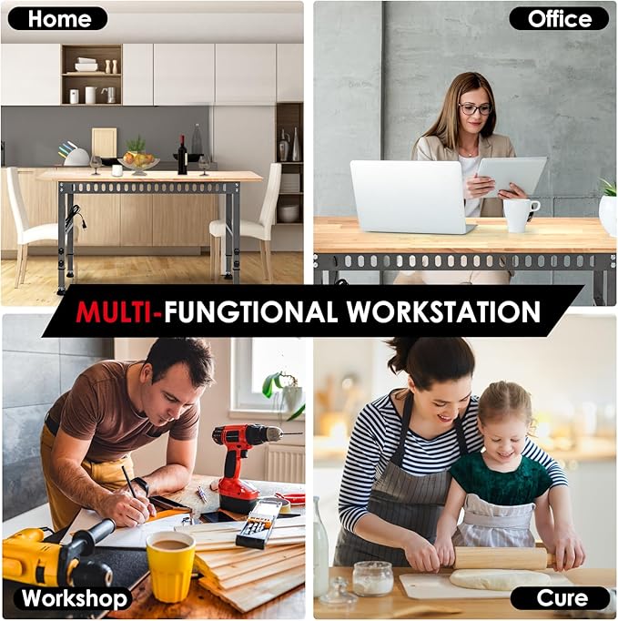 54.3 "Adjustable Workbench with Power Outlet, Heavy Duty 2000 LBS Load Capacity Hardwood Workbench Suitable for Workshop, Office, Garage, Home (Rubber Pad丨Power Outlets 54.3"x21.6")