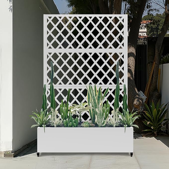 Metal Large Planter Box with Trellis for Climbing Plants Vegetables, Raised Garden Bed with Privacy Screen, 47"L×16"W×71"H Garden Boxes with Wheels & Drainage Hole (White Diamond Lattice)