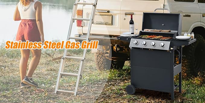 Propane Gas Grill 4 Burner Barbecue Grill, Stainless Steel 34,000 BTU Patio Garden Barbecue Grill with Two Shelves, Lid, Wheels and Bottle Opener