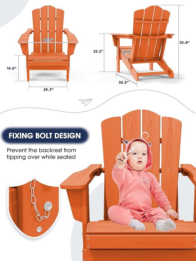 KINGYES Folding Adirondack Chair Set of 2, HDPE All-Weather Folding Adirondack Chair, Orange