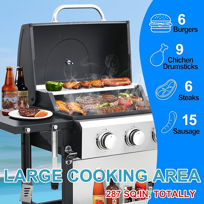 3 Burner Propane Gas Grill, Stainless Steel BBQ Grill, 2 Enameled Cast Iron Grill Grates, Portable with Wheels, 25,950 BTU, Outdoor Barbecue Grills