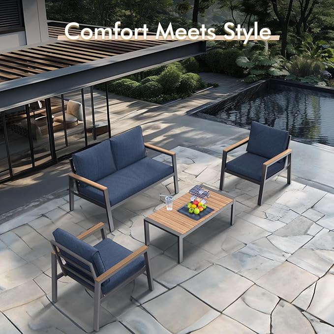 JOIVI Aluminum Patio Furniture Set, 4 Pieces Outdoor Conversation Set with Teak Wood Top Coffee Table, Sectional Sofa Set with Wood Armrest and Cushions for Outside Poolside, Lawn, Backyard, Navy Blue
