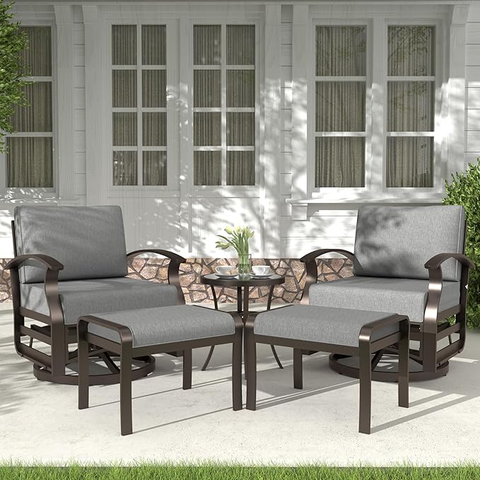 Kurapika 5 Pieces Patio Furniture Set, Outdoor Aluminum Rocking Chair, Patio Bistro Set Swivel Gliders Rocker with Thickened Cushions and Tempered Glass Side Table(Grey)