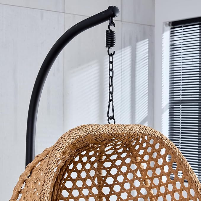 Egg Swing Chair Outdoor with Stand, Hanging Egg Rattan Basket Chair with Cushion and Pillow, Lounge Chairs, Foldable Basket and Metal Stand for Porch, Patio, Bedroom, Balcony,Yard (Khaki)