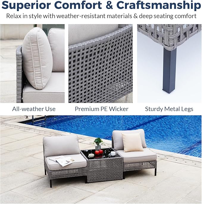 3-Piece Outdoor Modular Patio Set with 2 Armless Rattan Chairs and Glass Table, Gray PE Wicker Sectional Seating with Cushions for Balcony, Garden, Deck, Porch