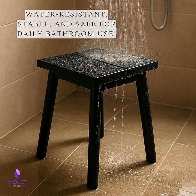 Black Teak Wood Shower Seat with Stainless Steel Legs – Waterproof Non-Slip Bath Stool, Indoor & Outdoor Use, 440 lbs Capacity, ADA Compliant, Handmade Compact Modern Design Bench