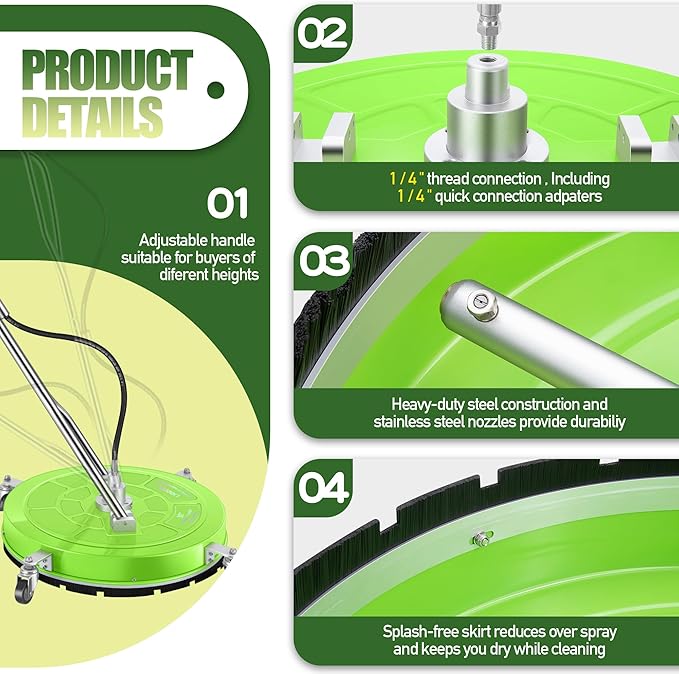 30" Pressure Washer Surface Cleaner with 4 Wheels - Coated Green Dual Handle Stainless Steel Surface Cleaner for Pressure Washer Attachment for Concrete, Patio, Sidewalk, Deck and Driveways - PWS30G