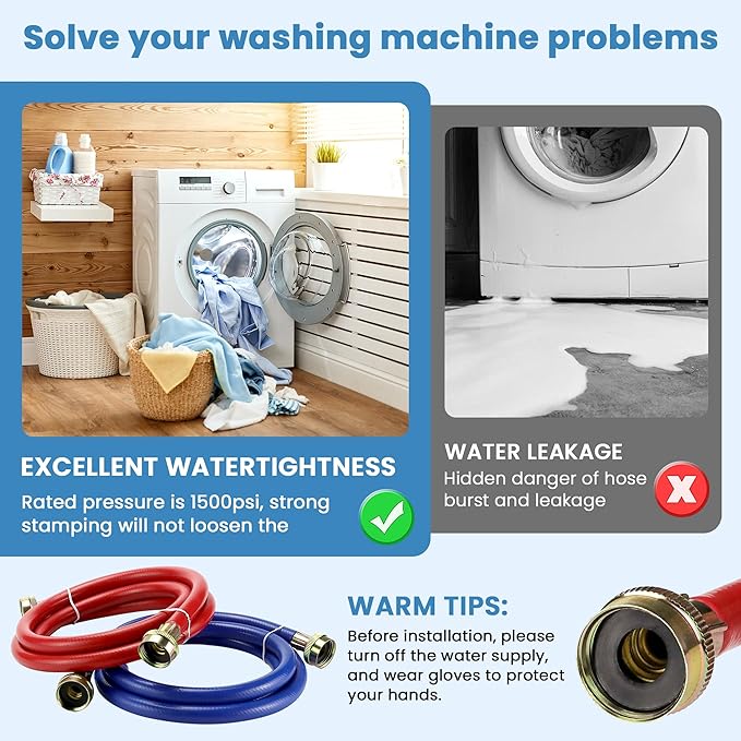 4 FT Rubber Washing Machine Hoses Burst Proof Water Supply Lines By AMI PARTS - for Hot and Cold Water Washer Hoses (2 Pack)