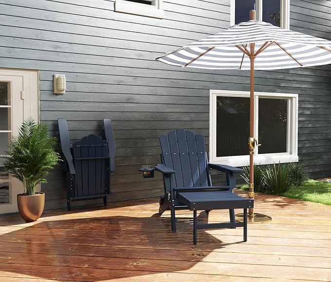 FOOWIN Adjustable Adirondack Chair with Retractable Ottoman Set of 4, Folding Adirondack Chair with Cup Holder, HDPE All-Weather Fire Pit Chair for Patio, Yard, Poolside, Navy Blue