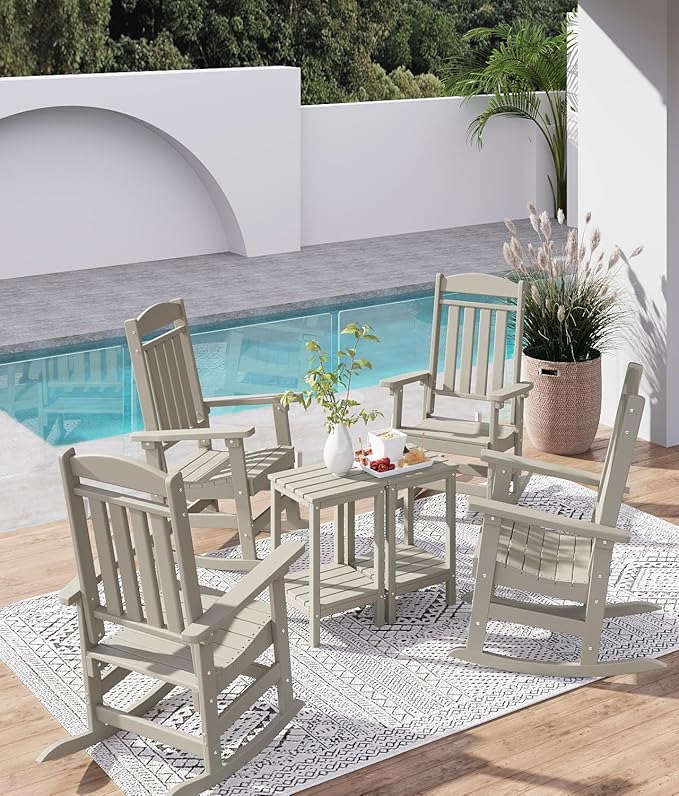 FOOWIN Outdoor Rocking Chair Set of 2, High Back Patio Rocking Chair, HDPE All Weather Resistant Porch Rocker for Adult, Oversized Rocking Chairs for Garden, Lawn, Indoor & Outdoor Use, Sand