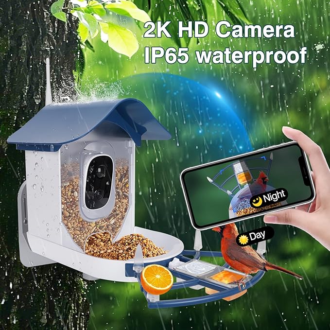 Smart Bird Feeder with Camera,AI Identify Bird Species,Auto Record 2K Video in Backyard Garden,Live View,Solar Powered Charging,Ideal Gifts for Family and Lovers (Dark Blue)