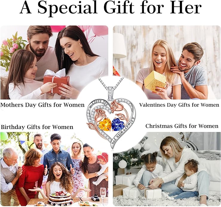 Iefil Christmas Gifts for Women Wife - 925 Sterling Silver Rose Heart Birthstone Necklace Birthday Anniversary Jewelry Gifts for Her Wife Mom Daughter