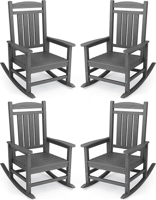 KINGYES Oversized Outdoor Rocking Chair Set of 4, High Density Polyethylene Patio Rocking Chairs with 330lbs Support for Adults, Gray