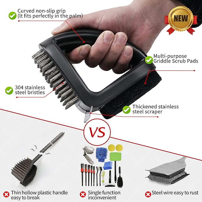 4-in-1 Grill Brush [Bristle-Free Sponge Pad & Wire] Combined BBQ Brush,Ultra Safe & Heavy-Duty Grill Cleaner for Outdoor Grill Grill Brush and Scraper Grill Accessories Gifts for Men/Dad