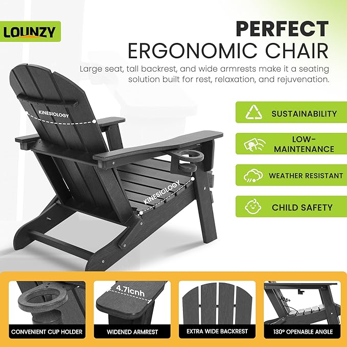 LOUNZY Folding Adirondack Chair Set of 2, HDPE All-Weather Folding Patio Chair with Cup Holders, Outdoor Patio Adirondack Chair for Deck Lawn Fire Pit, Gray
