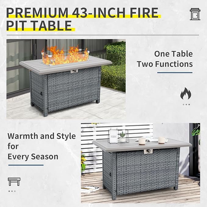 6 Pieces Wicker Patio Furniture Sets Outdoor Conversation Set PE Rattan Sectional Sofa Couch with 45" Fire Pit Table and Grey Cushions