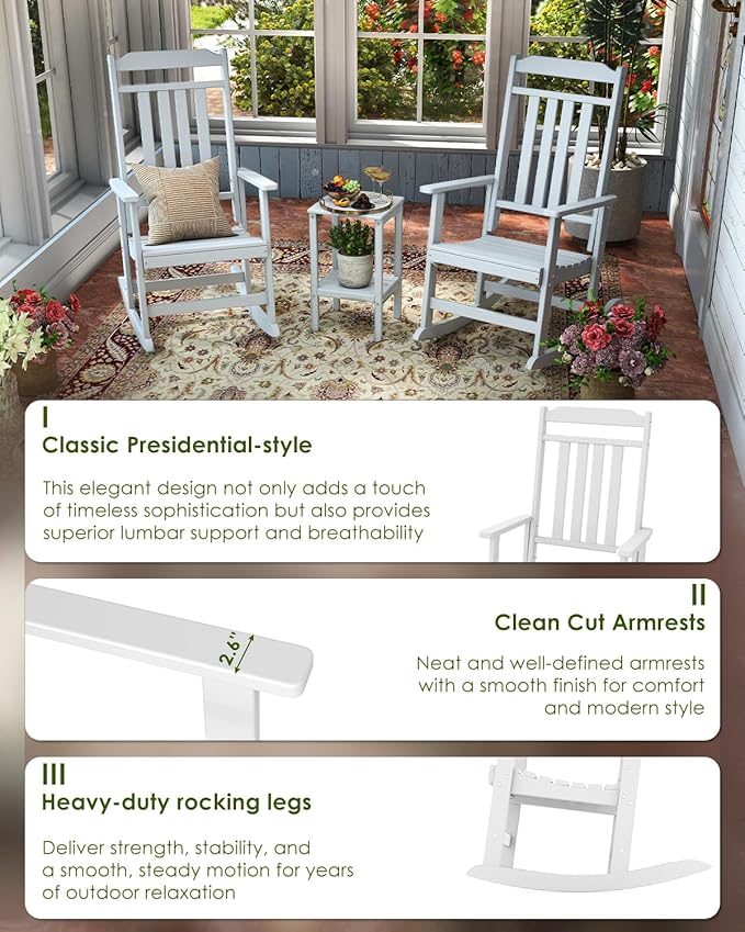 GREENVINES Outdoor-Rocking-Chair | HDPE Plastic | Patio Rockers | Porch Rocker Chairs | Oversized | High Back | Big & Tall | White