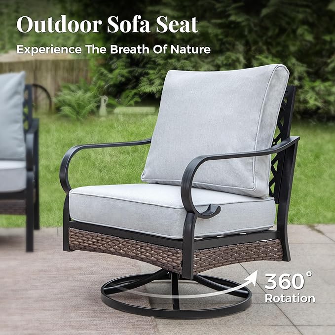 Outdoor Patio Swivel Sofa Chairs Set of 2 Steel Frame Porch Furniture with Deep Seating and 5.75" Cushions for Lawn Backyard Deck, Light Grey