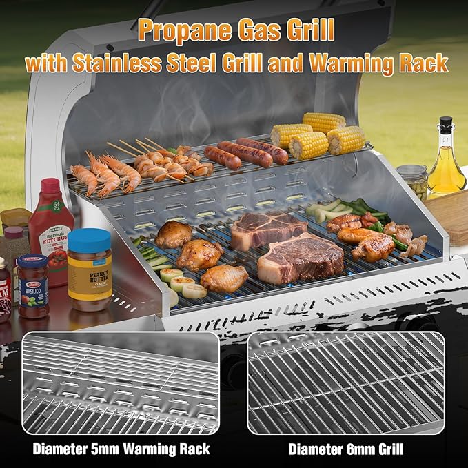 Kismile 4-Burner Gas Grill,Propane Grill with Folding Side Shelf,Heavy-Duty Thickened Stainless Steel Grill,32,000 BTU BBQ Grill for Outdoor Cooking,Barbecue,Garden and Patio Backyard