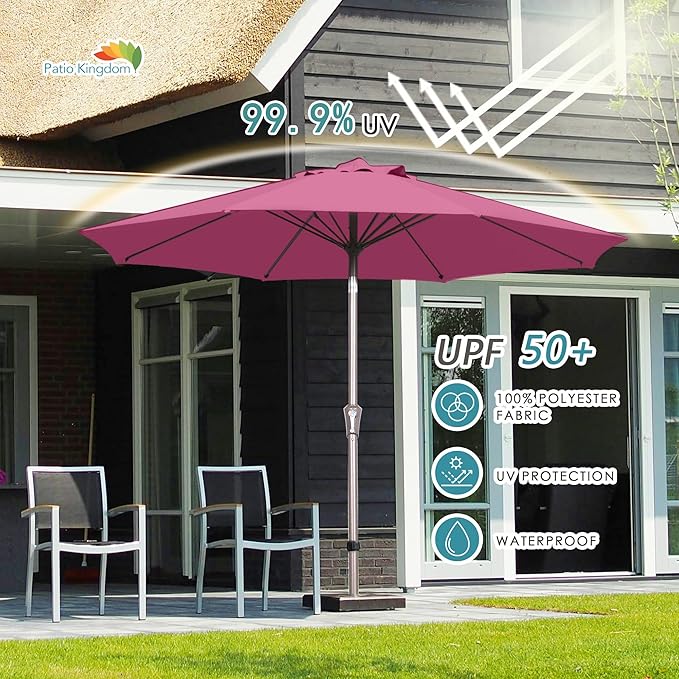 PatioKingdom 9FT Patio Outdoor Umbrella-UPF 50+ Sun Shade with Wind Vent, Push-Button Tilt & Smooth Crank Lift, Rust-Resistant Fiberglass Frame for Garden, Backyard,Yard (Rose Pink, 9FT)
