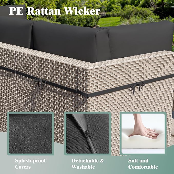 7 Pieces Patio Furniture Set, Outdoor Sectional Wicker Sofa with Thick Cushions and Storage Coffee Table, Rattan Patio Conversation Sets for Deck Yard Poolside, Black