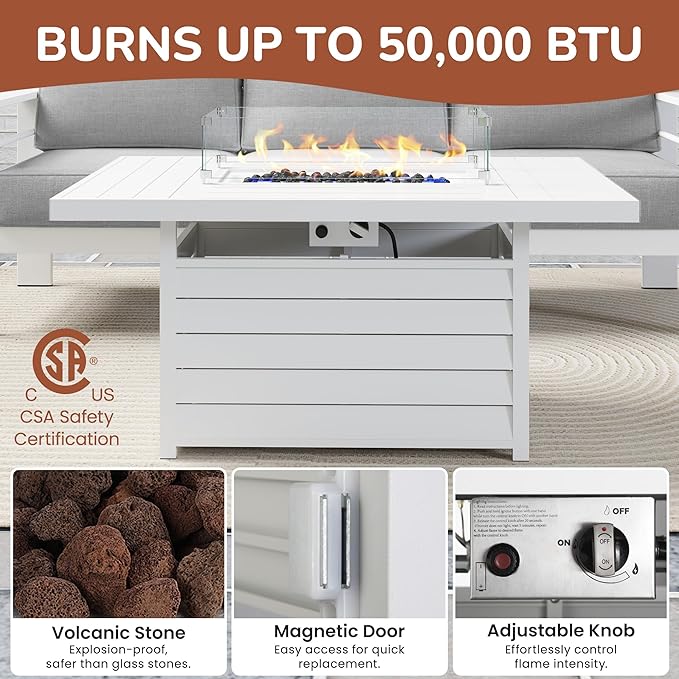 Solaste Aluminum Patio Furniture Set with 55 inch Fire Pit Table, 5 Piece Metal Outdoor Furniture with Water-Resistant Cushions, Modern Patio Conversation Set for Balcony, Front Porch, and Backyard