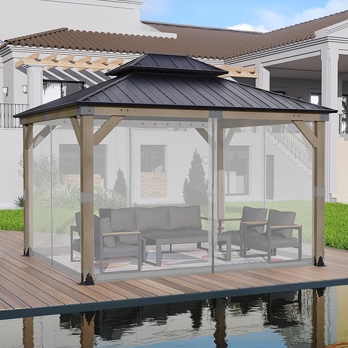 BPS 10' x 13' Gazebo Universal Mosquito Netting Screen Replacement, 4-Panel Screen Walls with Double Zippers for Outdoor Patio, Gray (Mosquito Net Only)