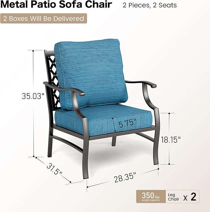 Metal Patio Chairs Set of 2 with 5.75" Extra Thick Cushion, 2 Pieces High Back Outdoor Patio Chairs All Weather Outdoor Furniture Seating for Deck Backyard Balcony Front Porch, Blue-2