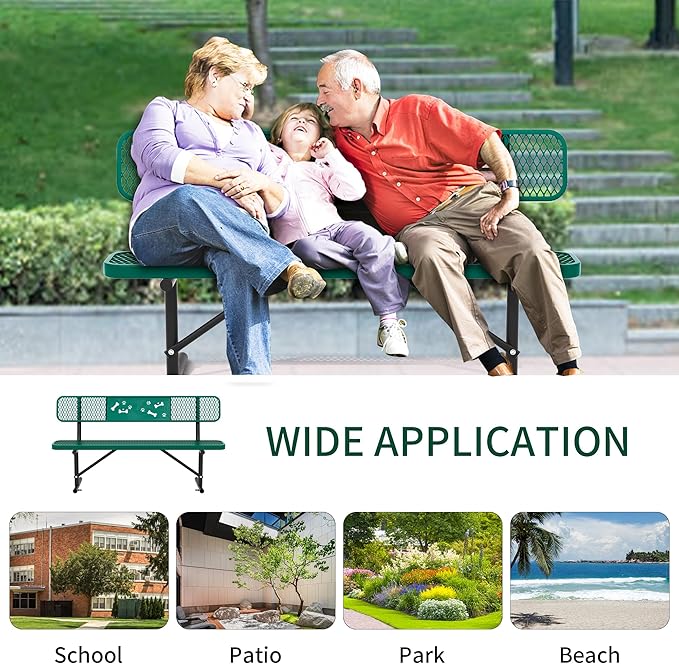 6 Feet Steel Park Bench for Outside, Outdoor Bench with Backrest & Portable Frame, Commercial Benches for Parks, School, Patio, Deck, Store,Green