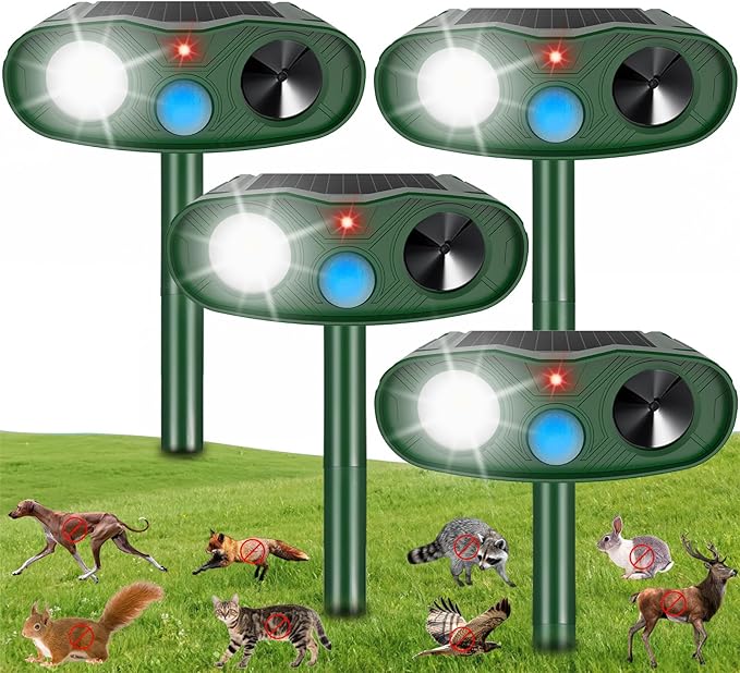 4Pack 2025 Solar Ultrasonic Animal Repellent Outdoor Cat Repellent Devices with Motion Detection&Flash Light Squirrel Rabbit Dog Cat Deterrent,Keep Rodent Chipmunk Raccoon Deer Away for Yard Garden