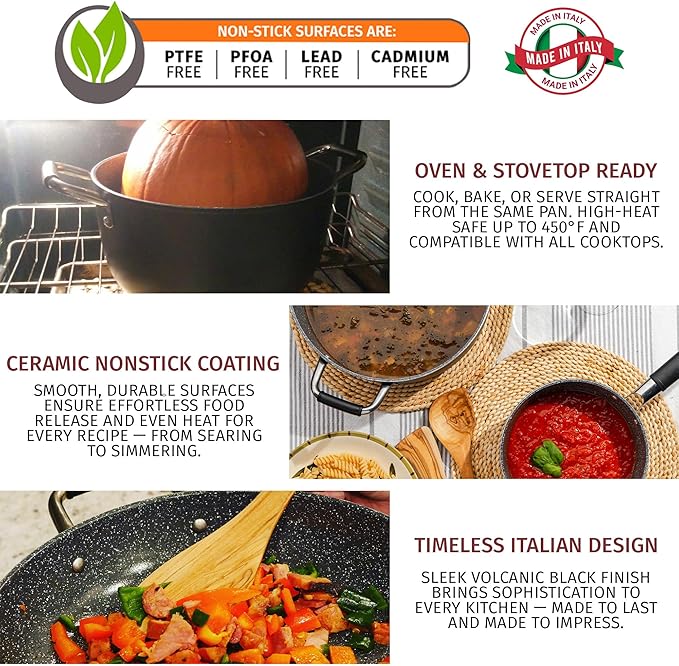 DaTerra Cucina Nonstick Dinner Party Bundle – 2.6 Qt Saucepan with Lid, 9.5" & 13" Frying Pans and 13" Wok and 8 Qt Dutch Oven with Lids, Durable Ceramic Coating, Made in Italy – Volcanic Black