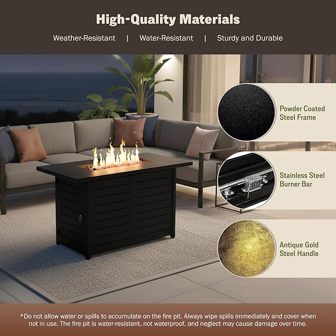 Kinger Home 42-Inch Ore Outdoor Propane Fire Pit Table 50000 BTU, CSA Certified, Powder-Coated Stainless Steel Patio Firepit with Lava Rocks, Black