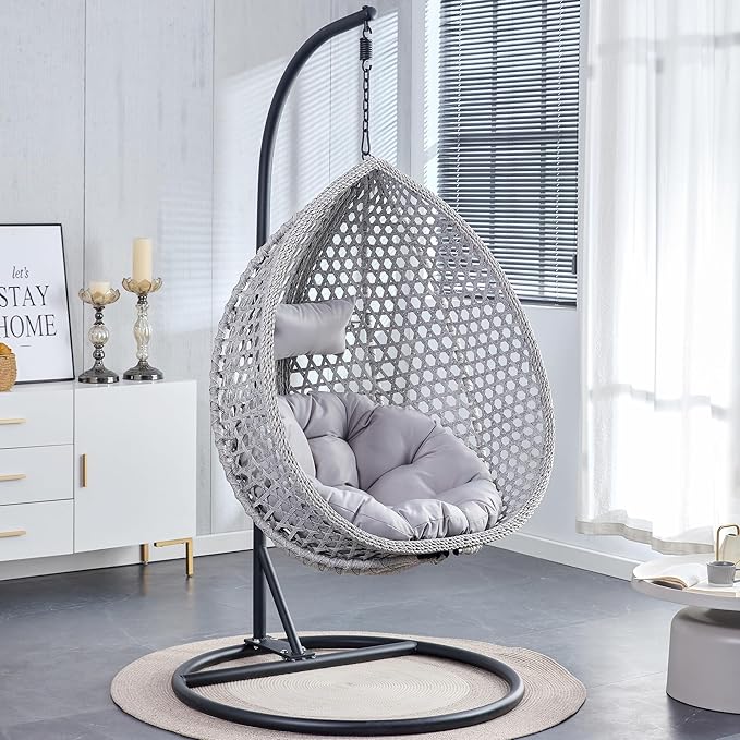 Hanging Egg Chair with Stand, Egg Swing Chair with Stand Indoor Outdoor,Grey Wicker Swing Egg Chair for Adults, Hammock Chair with Comfortable Cushion and Stable Round Metal Base for Bedroom Patio