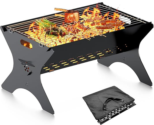 Camping Campfire Grill, 16"Lx12"D Portable Folding Charcoal Grills, Backpacking BBQ Grill with Carry Bag, Outdoor Fire pit for Camping, Picnic, Bonfire, Patio, Backyard