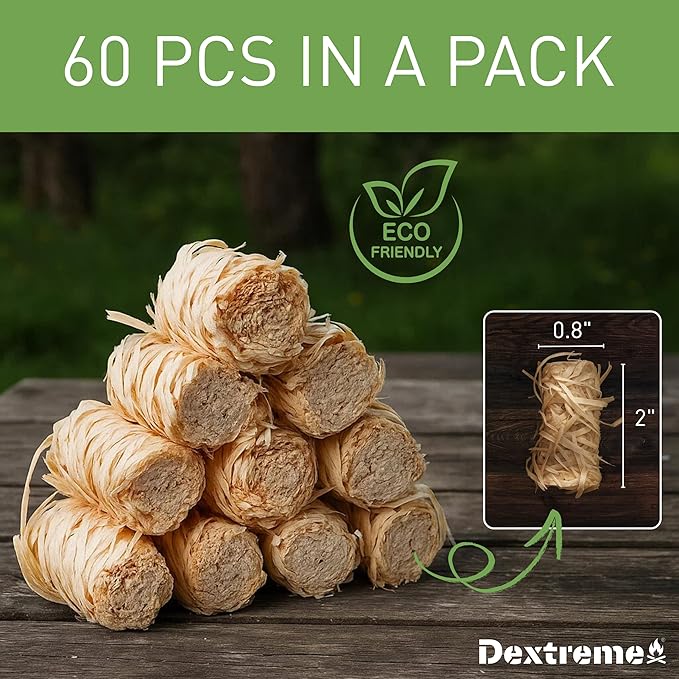 Dextreme Fire Starter (60 PCS) Natural Fire Starters for Campfire, Charcoal Starter, Fireplace, Wood Stove, BBQ, Chimney, Fire Pit, and Grill | All Weather, Odorless, Non-Toxic, w/10 Min Burning Time